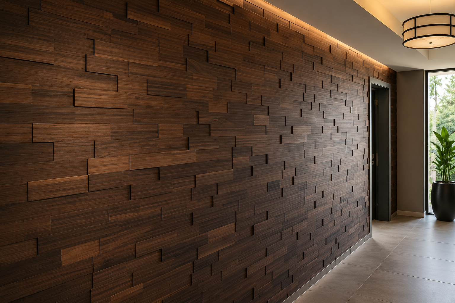 Staggered dark wood plank feature wall in a hallway, with a pendant light and potted plant near the entrance