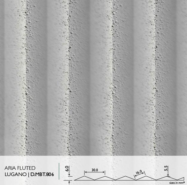 Aria Fluted Lugano real material sample - bold deep flute profile with technical cross-section detail