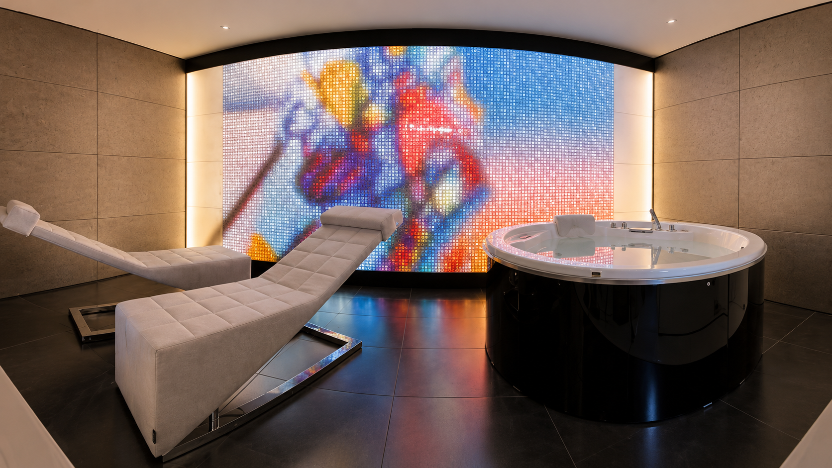 Luxury spa room with a backlit translucent mosaic panel wall in vivid colors, a chaise lounge, and a round soaking tub