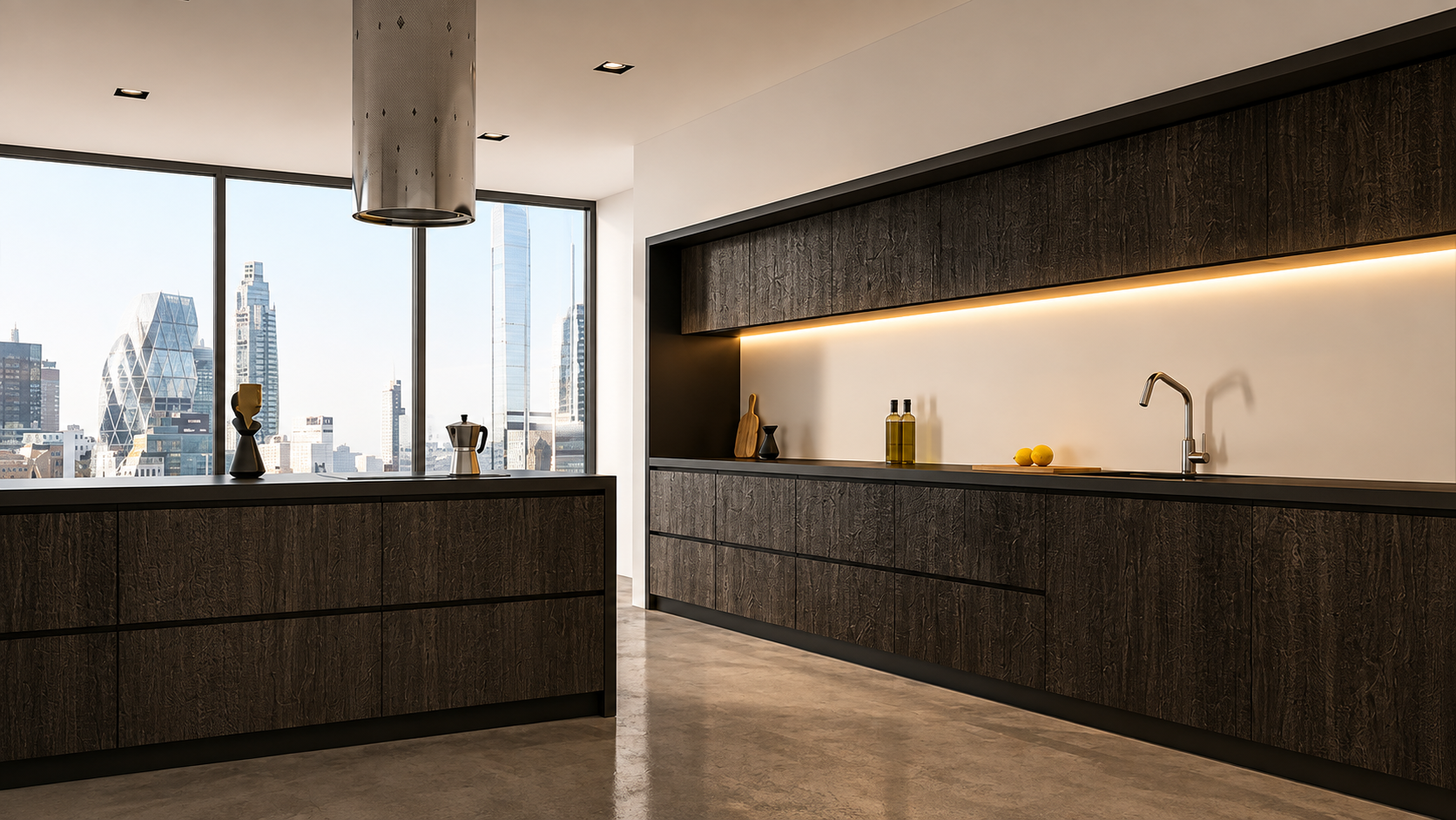 Dark embossed wood kitchen cabinetry with a floating range hood and backlit shelving, overlooking a city skyline