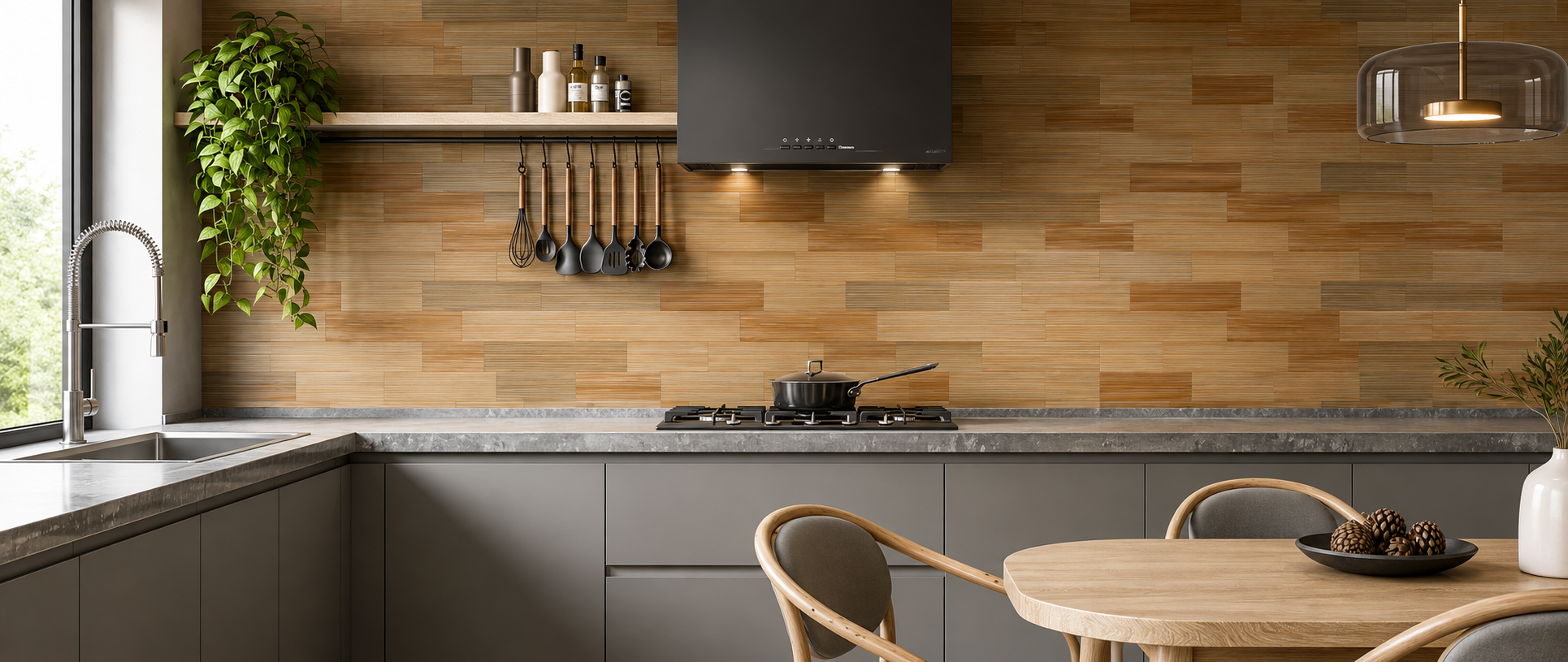 Kitchen with a striated wood-tile backsplash, black range hood, grey stone countertop, and a wood dining table