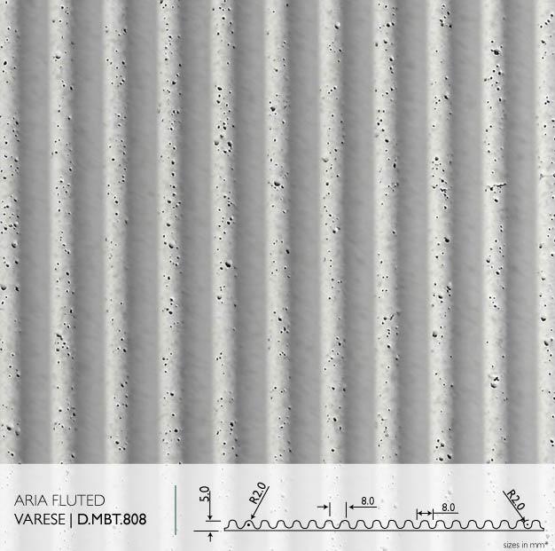 Aria Fluted Varese real material sample - narrow flute profile with technical cross-section detail