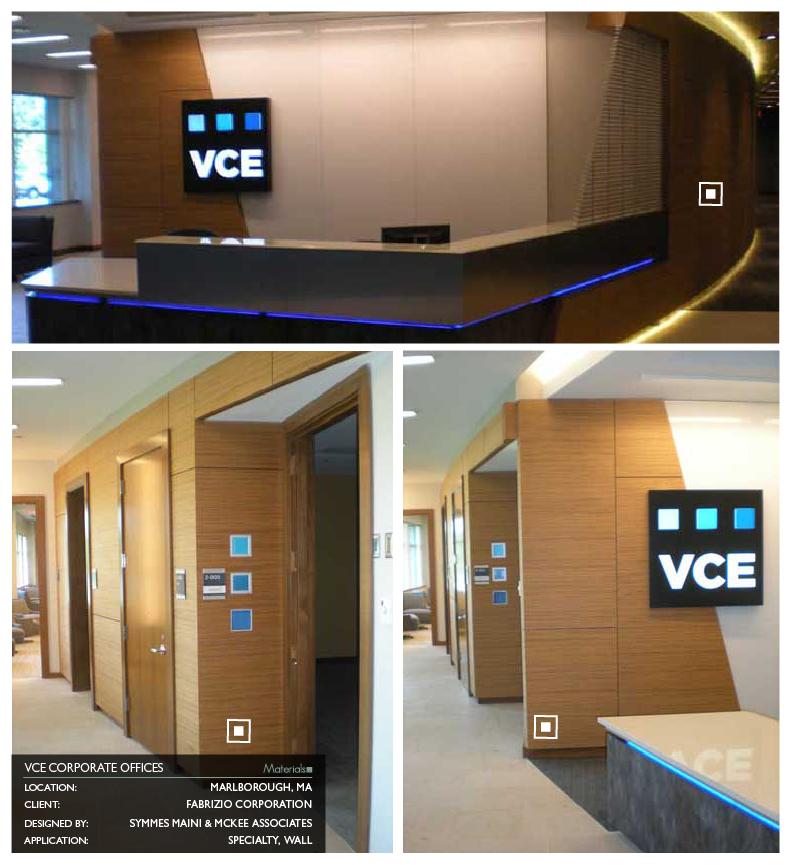 Prensa embossed wood panel cladding a curved reception desk wall and specialty office doors at VCE Corporate Offices